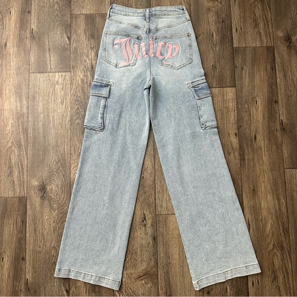 JUICY COUTURE Wide Leg High Rise cargo JeansPockets Logo Women’s Size 26